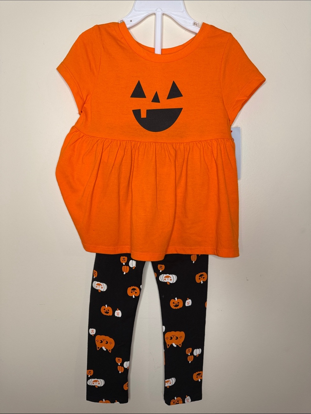 Cat & Jack Orange Pumpkin Top with Black Pumpkin Print Leggings